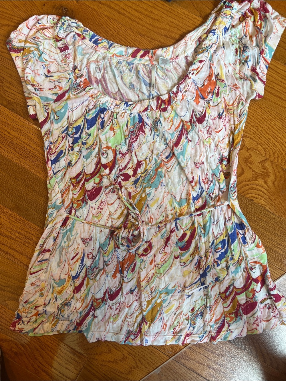 Anthropologie Multicolor Marble-Print Scoop Neck Peplum Top